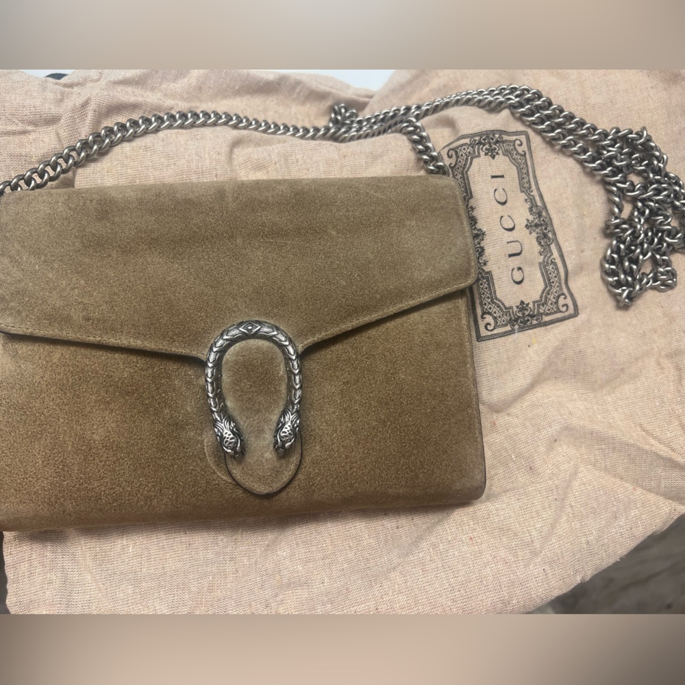 Gucci Tan Suede Clutch with Chain Strap